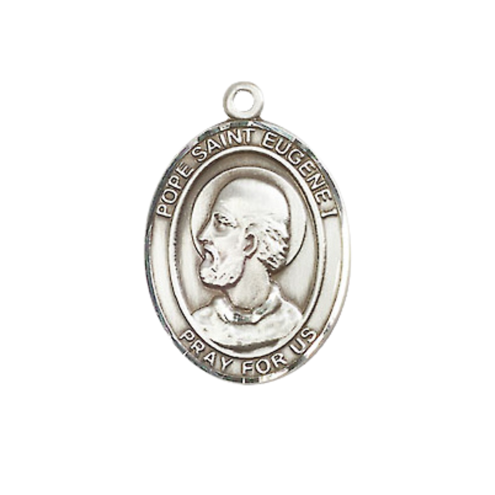 Medium Men's .925 Sterling Silver Pope Saint St. Eugene I Medal Pendant on 24 Inch Endless Rhodium Plated Heavy Curb Brass Chain, Catholic Religious Necklace - Made in USA- Deluxe Velvet Gift Box