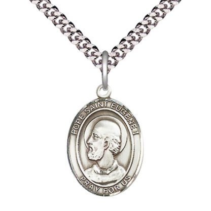 Medium Men's .925 Sterling Silver Pope Saint St. Eugene I Medal Pendant on 24 Inch Endless Rhodium Plated Heavy Curb Brass Chain, Catholic Religious Necklace - Made in USA- Deluxe Velvet Gift Box