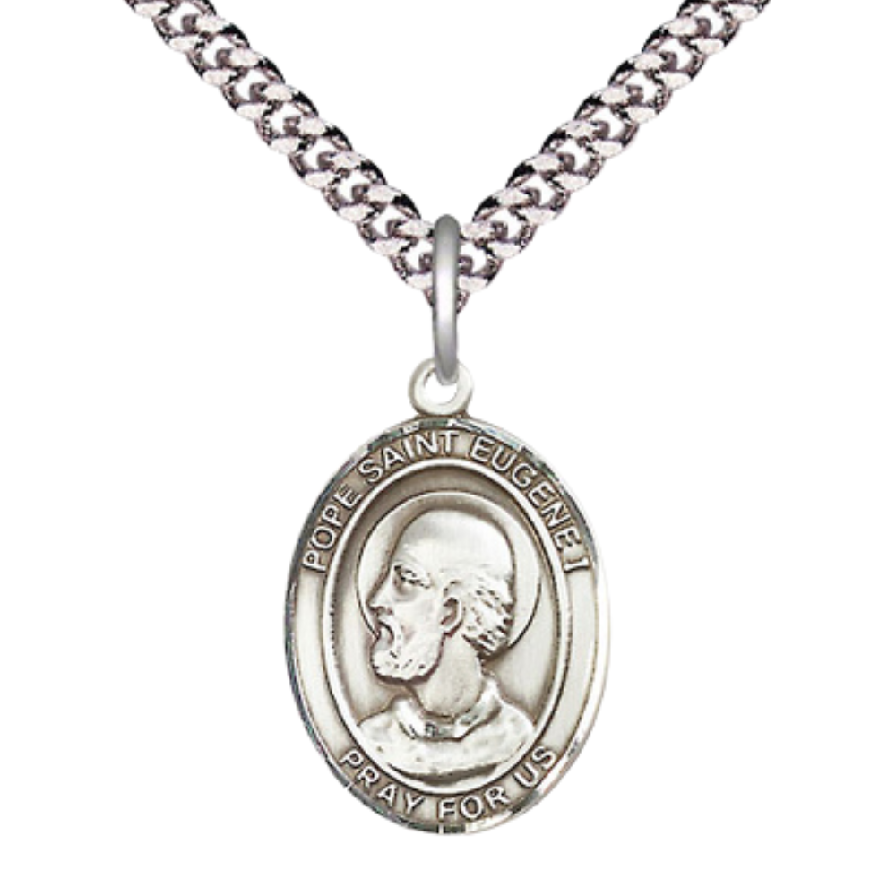Everlasting Light Jewelry Medium Men's Pewter Pope Saint Eugene I Medal Pendant on 24 Inch Endless Rhodium Plated Heavy Curb Brass Chain, Catholic Religious Necklace -Made in USA- Deluxe Velvet Gift Box