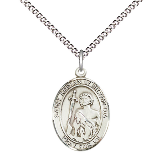 Medium Women's Pewter Saint St. Adrian of Nicomedia Pendant Necklace on 18- inch Rhodium- Plated Lite Curb Brass Chain – Catholic Religious Medal – Patron Saint St. of Prison Guards/Soldiers – Velvet Gift Box Included