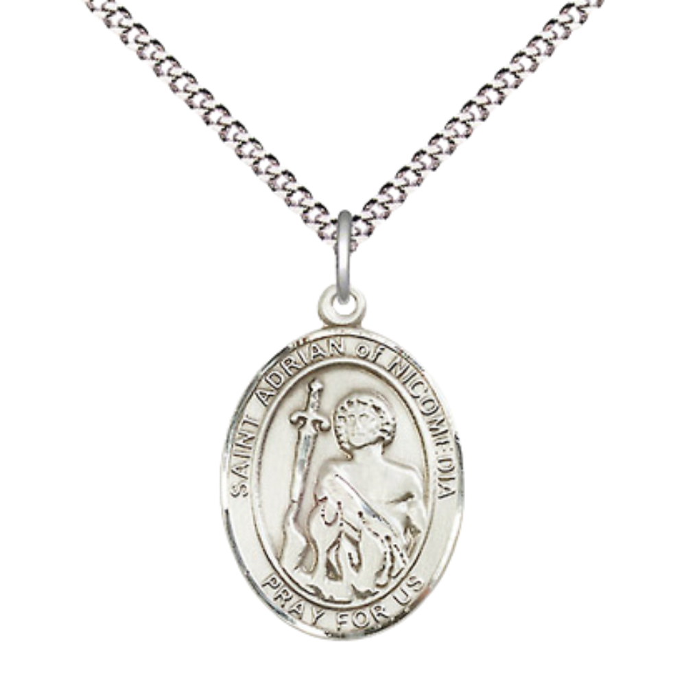 Everlasting Light Jewelry Medium Women's Sterling Silver Saint Adrian of Nicomedia Pendant Necklace on 18-inch Rhodium-Plated Lite Curb Brass Chain – Velvet Gift Box Included