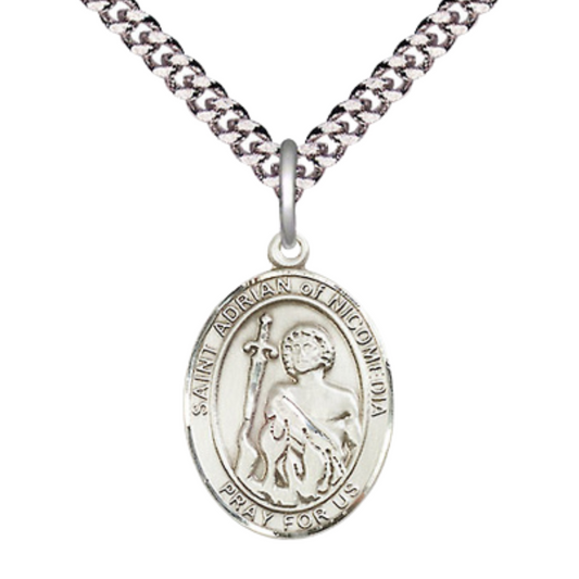 Medium Mens Oval .925 Sterling Silver Saint St. Adrian of Nicomedia Medal Pendant on 24 Inch Rhodium Plated Heavy Curb Brass Chain w/ Lobster Claw Clasp, Catholic Religious Necklace - Made in USA- Gift Boxed