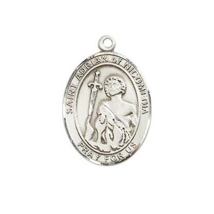 Medium Men's Pewter Saint St. Adrian of Nicomedia Medal Pendant on 24 Inch Endless Rhodium Plated Heavy Curb Brass Chain, Catholic Religious Necklace - Made in USA- Deluxe Velvet Gift Box