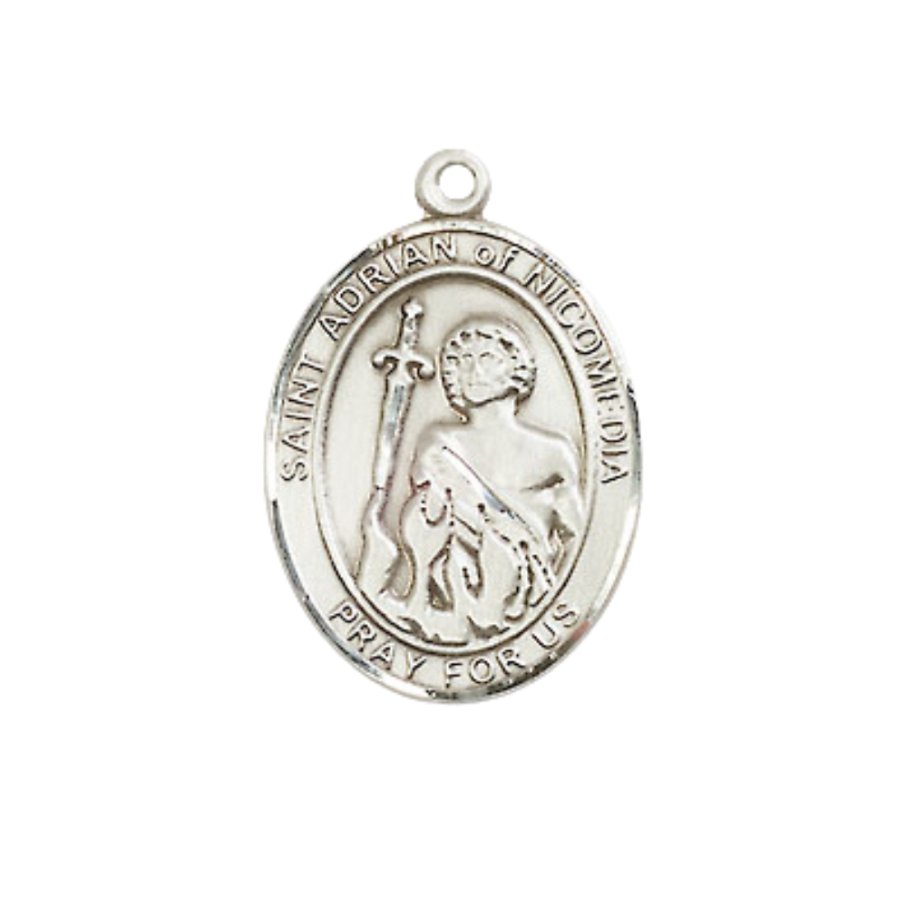 Medium Mens Oval .925 Sterling Silver Saint St. Adrian of Nicomedia Medal Pendant on 24 Inch Rhodium Plated Heavy Curb Brass Chain w/ Lobster Claw Clasp, Catholic Religious Necklace - Made in USA- Gift Boxed