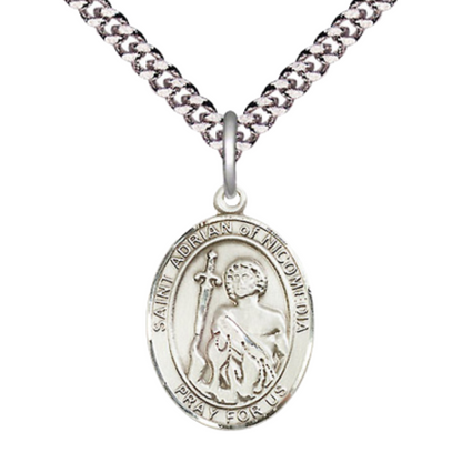 Medium Men's Pewter Saint St. Adrian of Nicomedia Medal Pendant on 24 Inch Endless Rhodium Plated Heavy Curb Brass Chain, Catholic Religious Necklace - Made in USA- Deluxe Velvet Gift Box