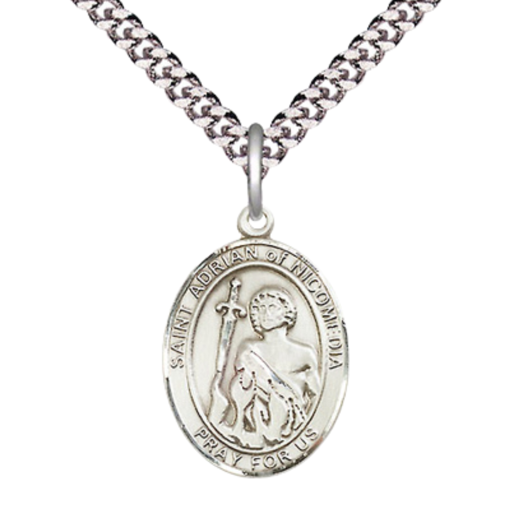 Mens Medium Oval Pewter Saint St. Adrian of Nicomedia Medal Pendant on 24 Inch Rhodium Plated Heavy Curb Brass Chain w/ Lobster Claw Clasp, Catholic Religious Necklace - Made in USA- Velvet Gift Box