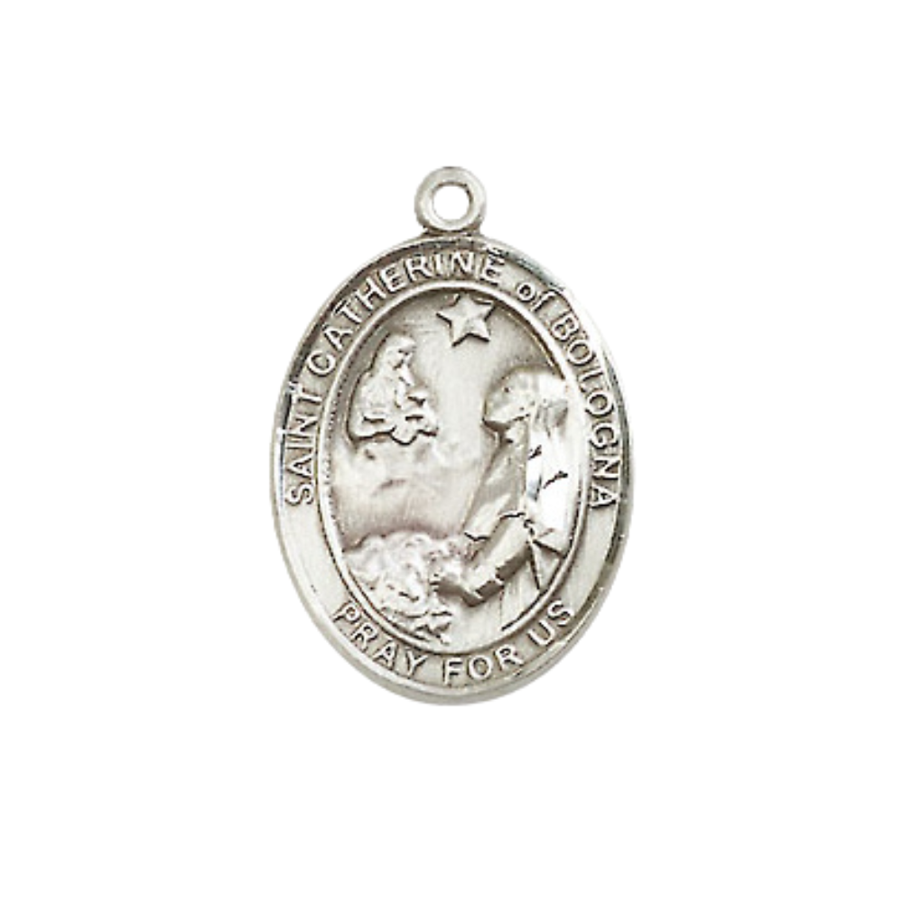 Everlasting Light Jewelry Medium Women's Sterling Silver Saint Catherine of Bologna Pendant Necklace on 18-inch Rhodium-Plated Lite Curb Brass Chain – Velvet Gift Box Included