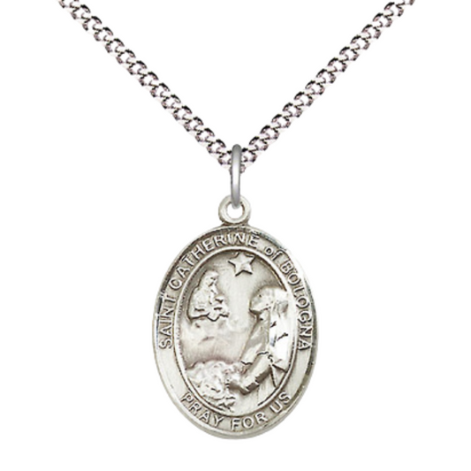 Everlasting Light Jewelry Medium Women's Sterling Silver Saint Catherine of Bologna Pendant Necklace on 18-inch Rhodium-Plated Lite Curb Brass Chain – Velvet Gift Box Included