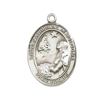 Medium Men's .925 Sterling Silver Saint St. Catherine of Bologna Medal Pendant on 24 Inch Endless Rhodium Plated Heavy Curb Brass Chain, Catholic Religious Necklace - Made in USA- Deluxe Velvet Gift Box