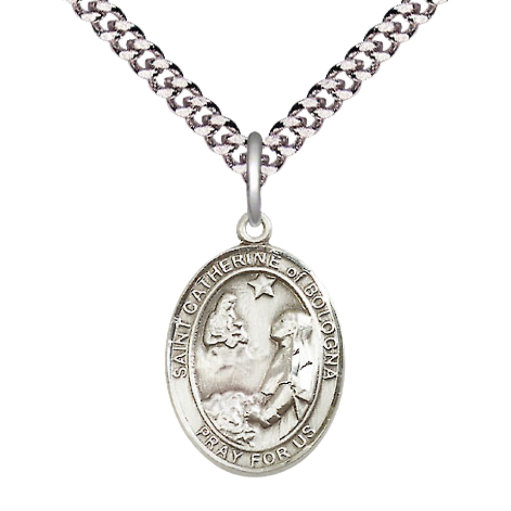 Medium Mens Oval Sterling Silver Saint Catherine of Bologna Medal Pendant on 24" Rhodium Plated Heavy Curb Brass Chain w/ Lobster Claw Clasp,Catholic Religious Necklace -Made in USA-Gift Boxed