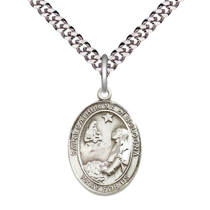 Medium Mens Oval Sterling Silver Saint Catherine of Bologna Medal Pendant on 24" Rhodium Plated Heavy Curb Brass Chain w/ Lobster Claw Clasp,Catholic Religious Necklace -Made in USA-Gift Boxed