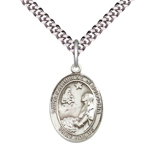 Medium Men's .925 Sterling Silver Saint St. Catherine of Bologna Medal Pendant on 24 Inch Endless Rhodium Plated Heavy Curb Brass Chain, Catholic Religious Necklace - Made in USA- Deluxe Velvet Gift Box
