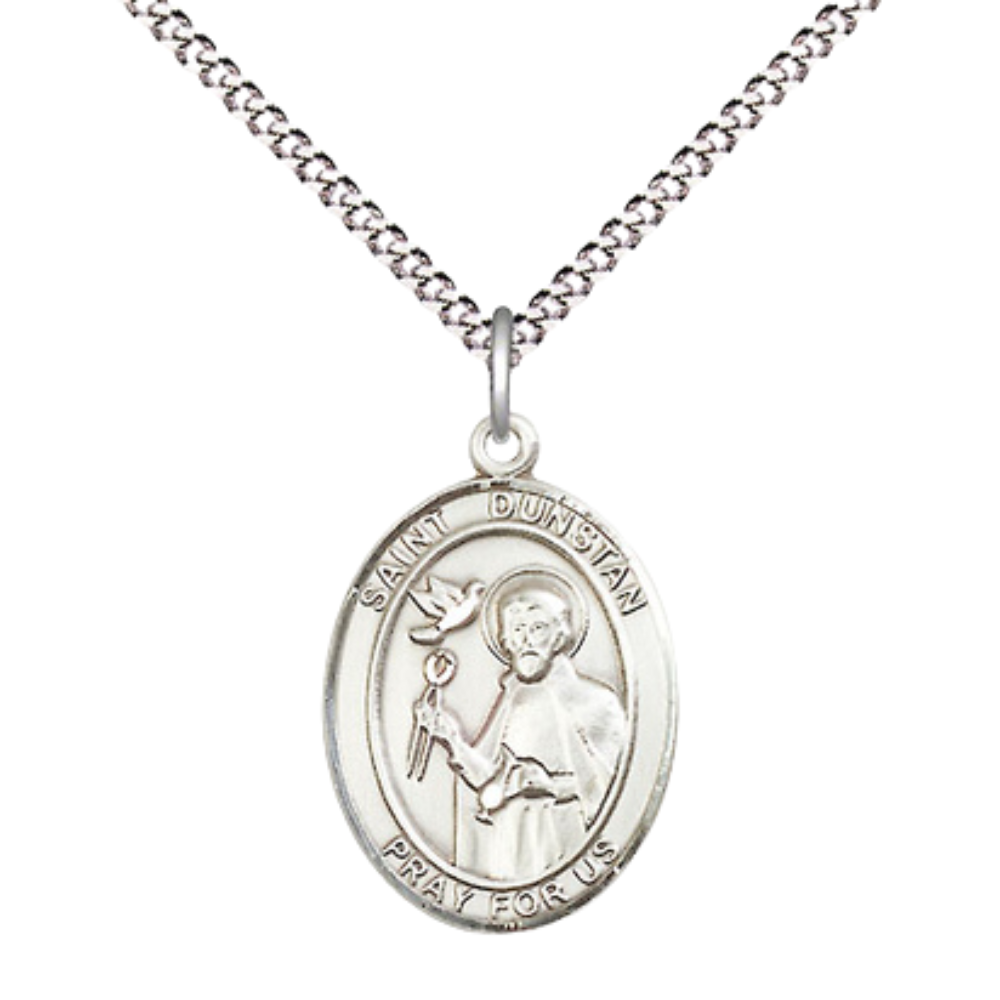 Everlasting Light Jewelry Medium Women's .925 Sterling Silver Saint St. Dunstan Pendant Necklace on 18- inch Rhodium- Plated Lite Curb Brass Chain, Catholic Medal – Velvet Gift Box Included