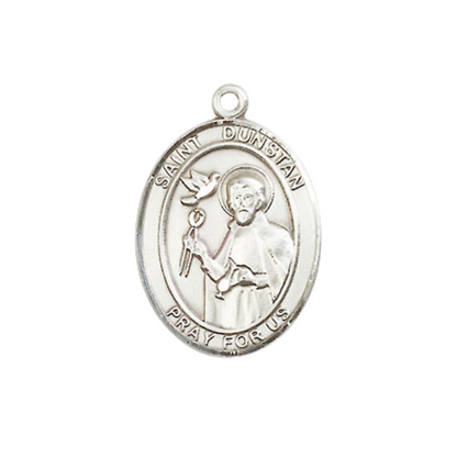 Mens Medium Oval .925 Sterling Silver Saint Dunstan Medal Pendant on 24" Rhodium Plated Heavy Curb Brass Chain w/ Lobster Claw Clasp, Catholic Religious Necklace -Made in USA-Velvet Gift Box