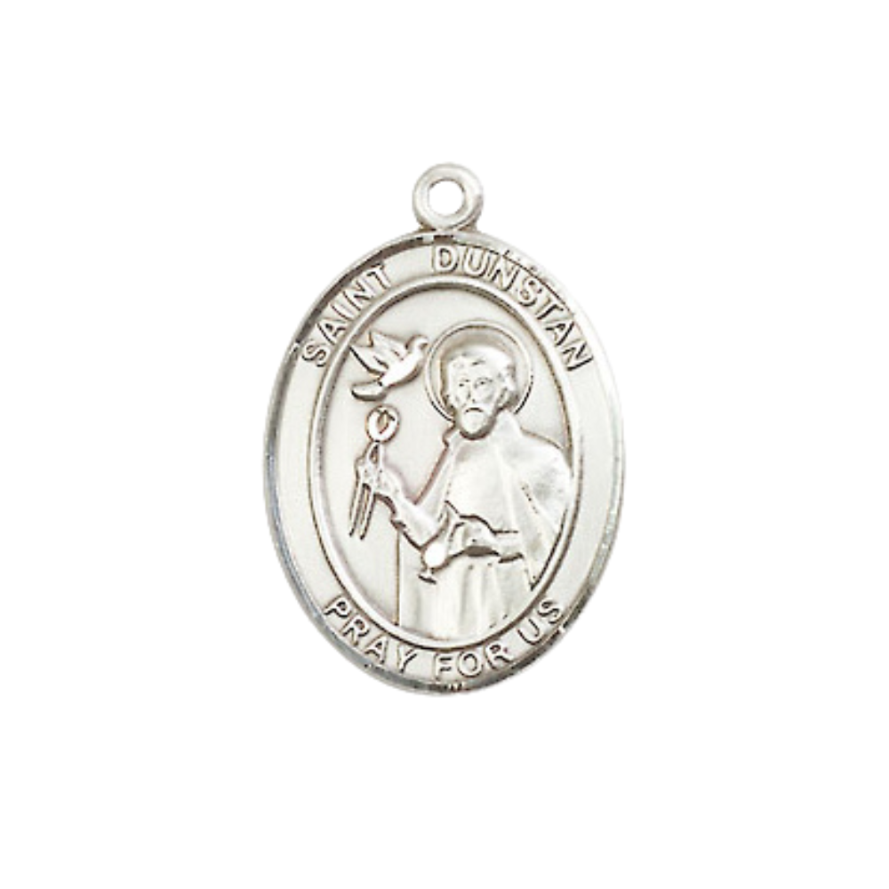 Everlasting Light Jewelry Medium Men's Pewter Saint St. Dunstan Medal Pendant on 24 Inch Endless Rhodium Plated Heavy Curb Brass Chain, Catholic Religious Necklace - Made in USA- Deluxe Velvet Gift Box