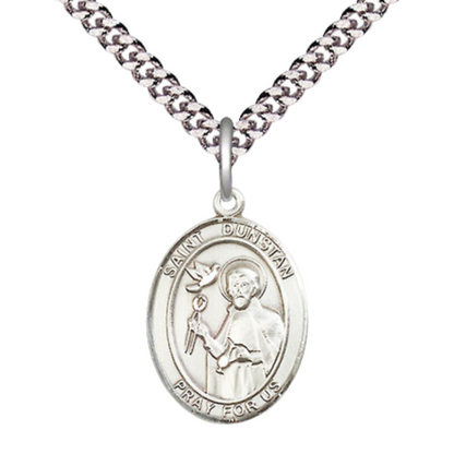 Medium Men's .925 Sterling Silver Saint St. Dunstan Medal Pendant on 24 Inch Endless Rhodium Plated Heavy Curb Brass Chain, Catholic Religious Necklace - Made in USA- Deluxe Velvet Gift Box