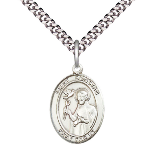 Medium Men's .925 Sterling Silver Saint St. Dunstan Medal Pendant on 24 Inch Endless Rhodium Plated Heavy Curb Brass Chain, Catholic Religious Necklace - Made in USA- Deluxe Velvet Gift Box