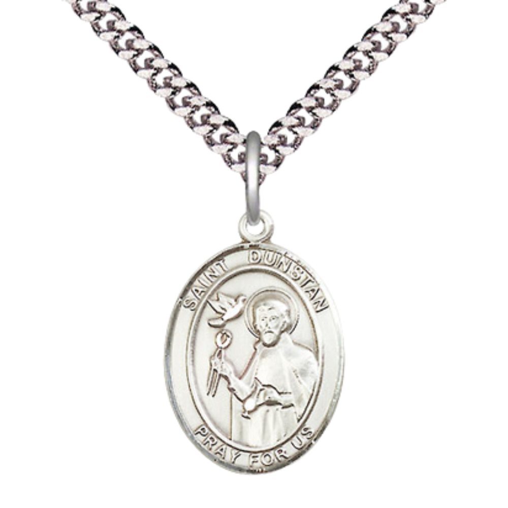 Everlasting Light Jewelry Medium Men's Pewter Saint St. Dunstan Medal Pendant on 24 Inch Endless Rhodium Plated Heavy Curb Brass Chain, Catholic Religious Necklace - Made in USA- Deluxe Velvet Gift Box