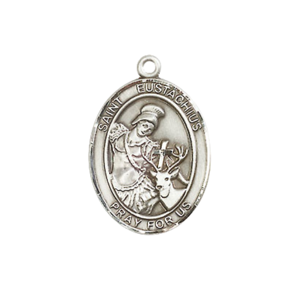 Medium Women's Pewter Saint St. Eustachius Pendant Necklace on 18- inch Rhodium- Plated Lite Curb Brass Chain – Catholic Religious Medal – Patron Saint St. of Firefighters and Huntsmen – Velvet Gift Box Included