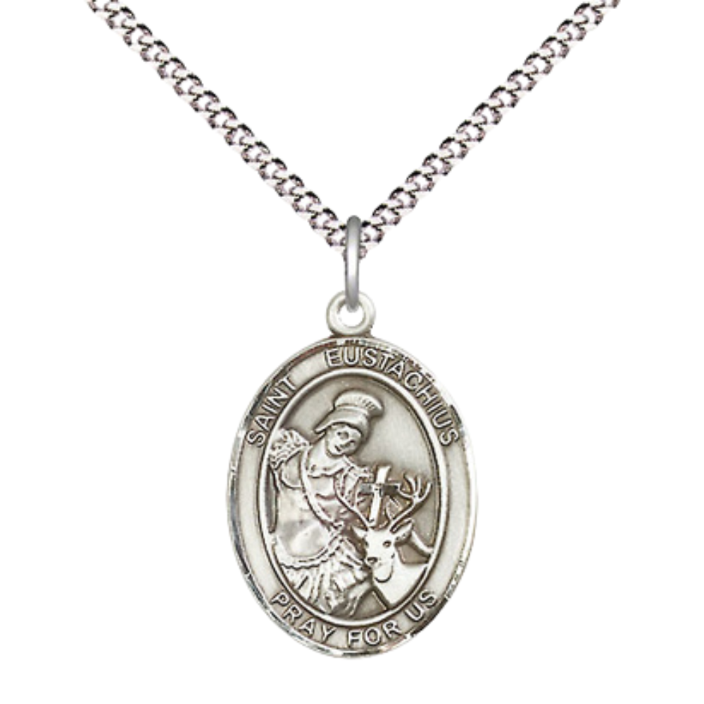 Everlasting Light Jewelry Medium Women's .925 Sterling Silver Saint St. Eustachius Pendant Necklace on 18- inch Rhodium- Plated Lite Curb Brass Chain, Catholic Medal – Velvet Gift Box Included