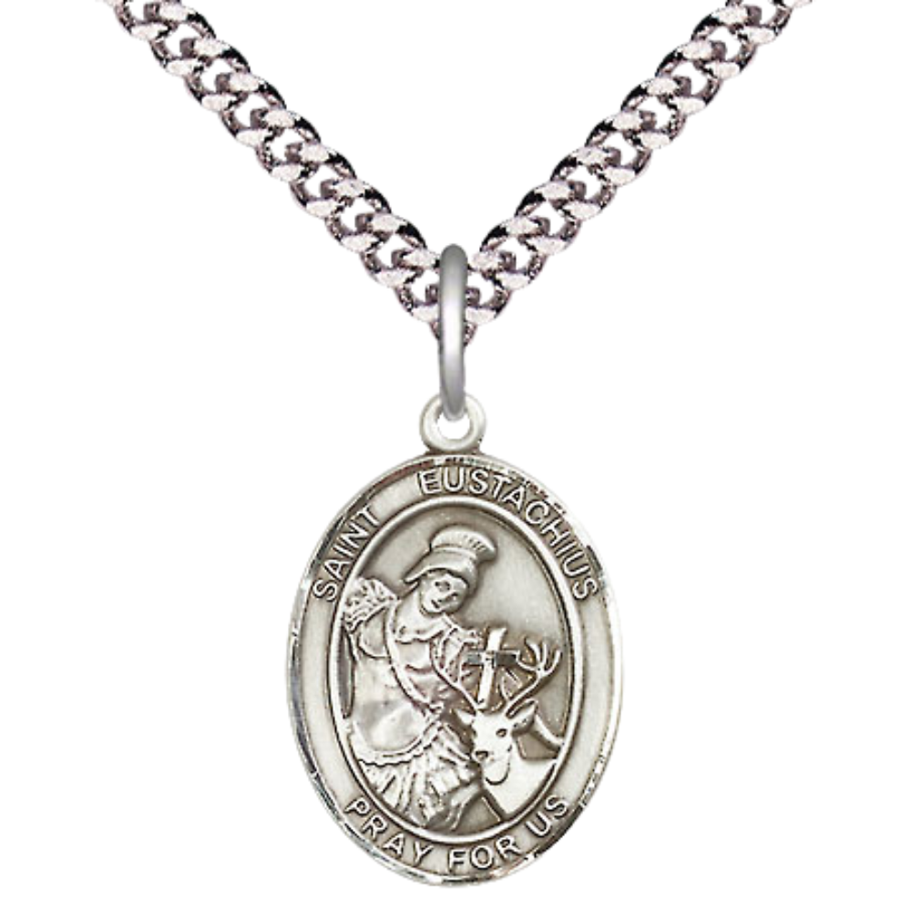 Mens Medium Oval .925 Sterling Silver Saint St. Eustachius Medal Pendant on 24 Inch Rhodium Plated Heavy Curb Brass Chain w/ Lobster Claw Clasp, Catholic Religious Necklace - Made in USA- Velvet Gift Box