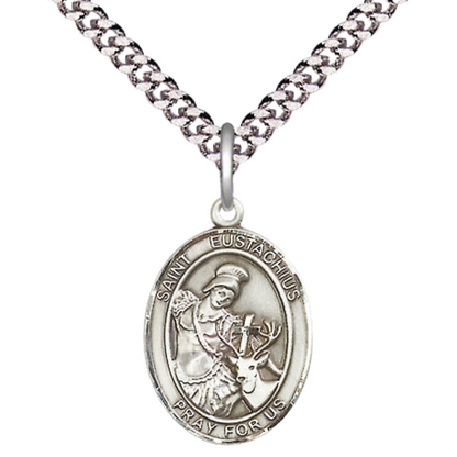 Mens Medium Oval Pewter Saint St. Eustachius Medal Pendant on 24 Inch Rhodium Plated Heavy Curb Brass Chain with Lobster Claw Clasp, Catholic Religious Necklace - Made in USA- Deluxe Velvet Gift Box