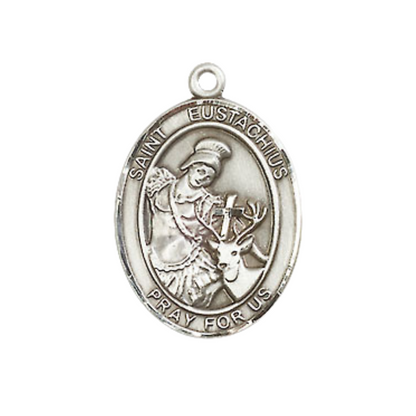Medium Men's .925 Sterling Silver Saint Eustachius Medal Pendant on 24 Inch Endless Rhodium Plated Heavy Curb Brass Chain, Catholic Religious Necklace -Made in USA- Deluxe Velvet Gift Box