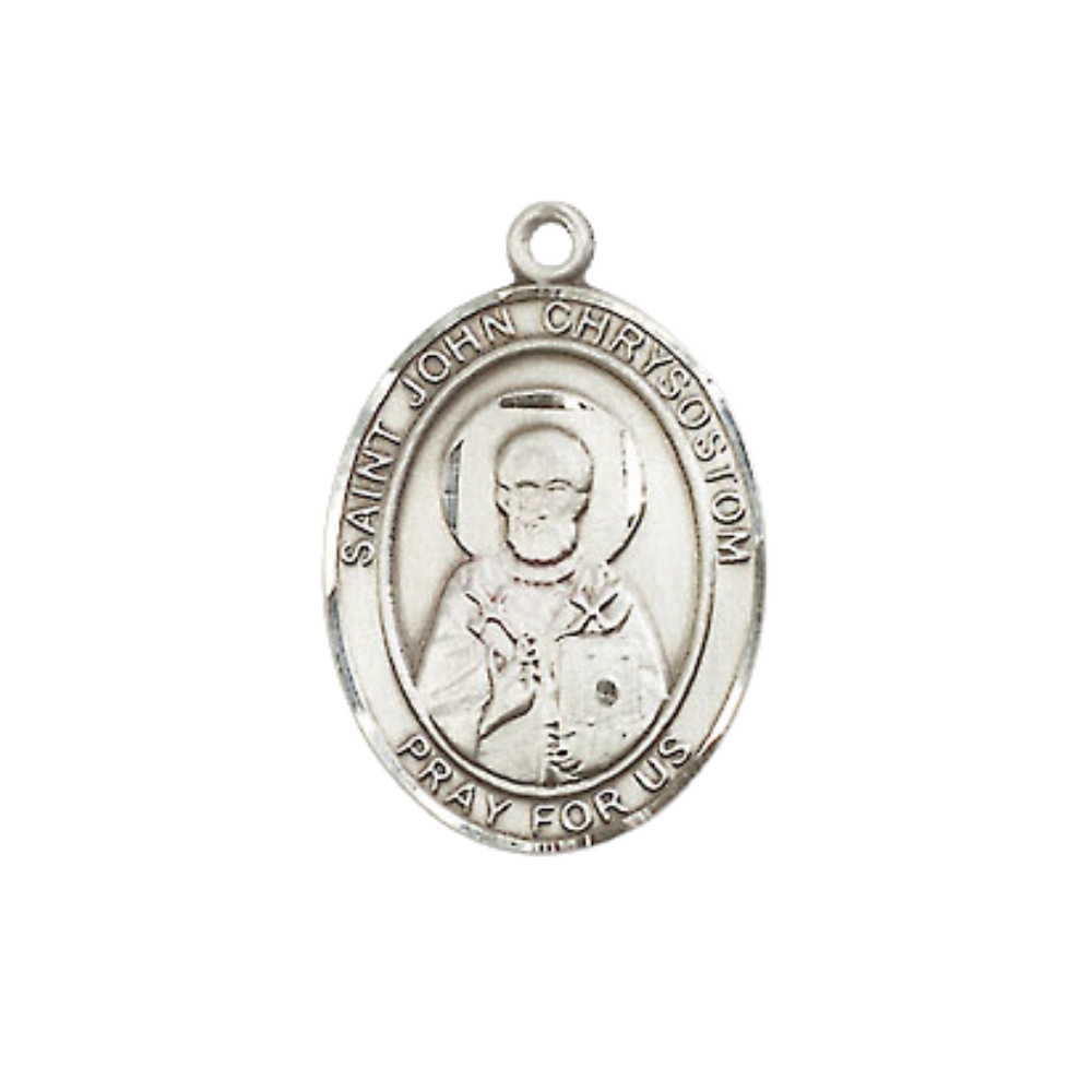 Everlasting Light Jewelry Medium Women's .925 Sterling Silver Saint St. John Chrysostom Pendant Necklace on 18- inch Rhodium- Plated Lite Curb Brass Chain, Catholic Medal – Velvet Gift Box Included