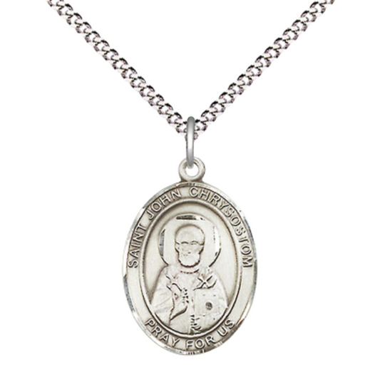 Everlasting Light Jewelry Medium Women's .925 Sterling Silver Saint St. John Chrysostom Pendant Necklace on 18- inch Rhodium- Plated Lite Curb Brass Chain, Catholic Medal – Velvet Gift Box Included