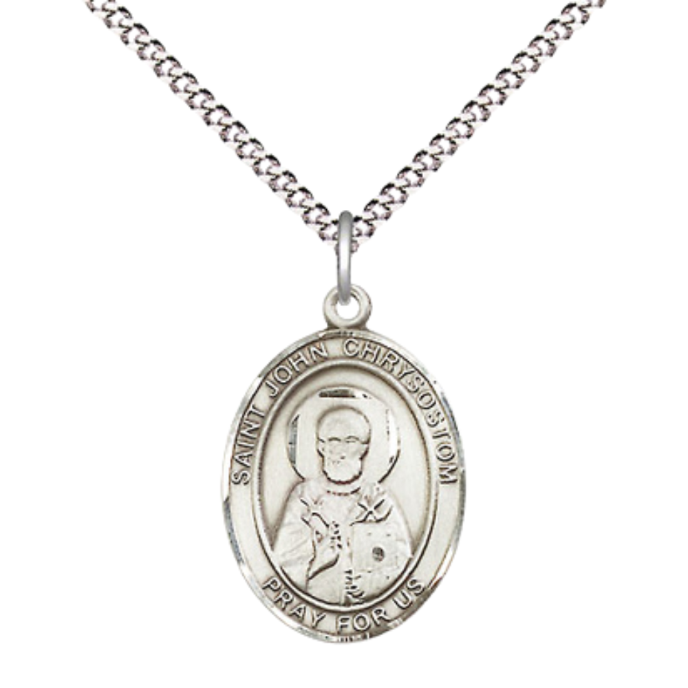 Everlasting Light Jewelry Medium Women's .925 Sterling Silver Saint St. John Berchmans Pendant Necklace on 18- inch Rhodium- Plated Lite Curb Brass Chain, Catholic Medal – Velvet Gift Box Included – Patron Saint St. of Altar Servers