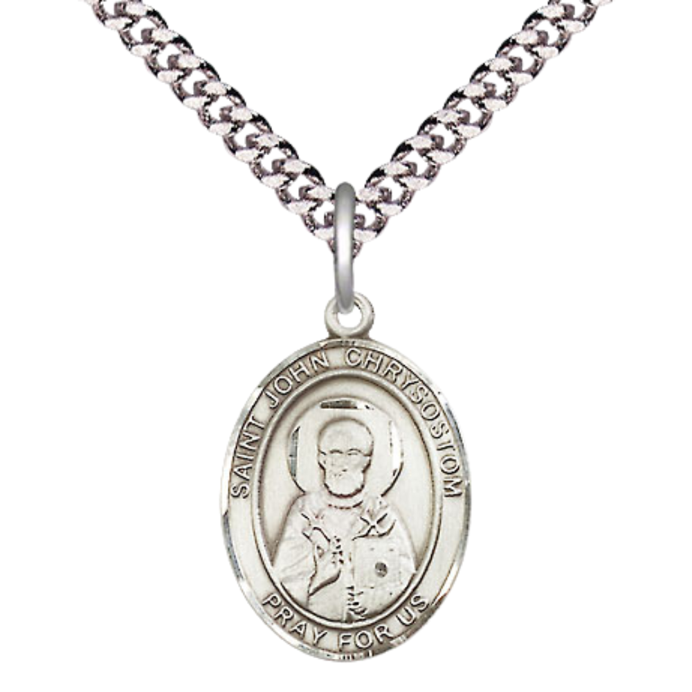 Mens Medium Oval Pewter Saint St. John Chrysostom Medal Pendant on 24 Inch Rhodium Plated Heavy Curb Brass Chain w/ Lobster Claw Clasp, Catholic Religious Necklace - Made in USA- Velvet Gift Box