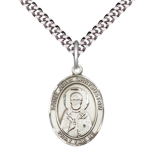 Medium Men's Pewter Saint St. John Chrysostom Medal Pendant on 24 Inch Endless Rhodium Plated Heavy Curb Brass Chain, Catholic Religious Necklace - Made in USA- Deluxe Velvet Gift Box
