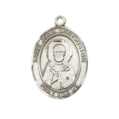 Medium Men's Pewter Saint St. John Chrysostom Medal Pendant on 24 Inch Endless Rhodium Plated Heavy Curb Brass Chain, Catholic Religious Necklace - Made in USA- Deluxe Velvet Gift Box