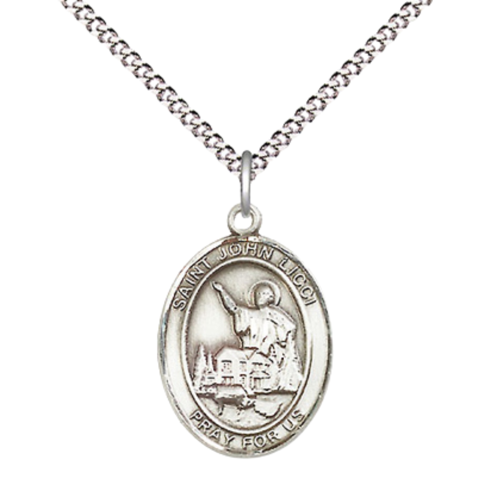 Everlasting Light Jewelry Medium Women's .925 Sterling Silver Saint St. John Licci Pendant Necklace on 18Inch Rhodium-Plated Lite Curb Brass Chain, Catholic Medal – Velvet Gift Box Included