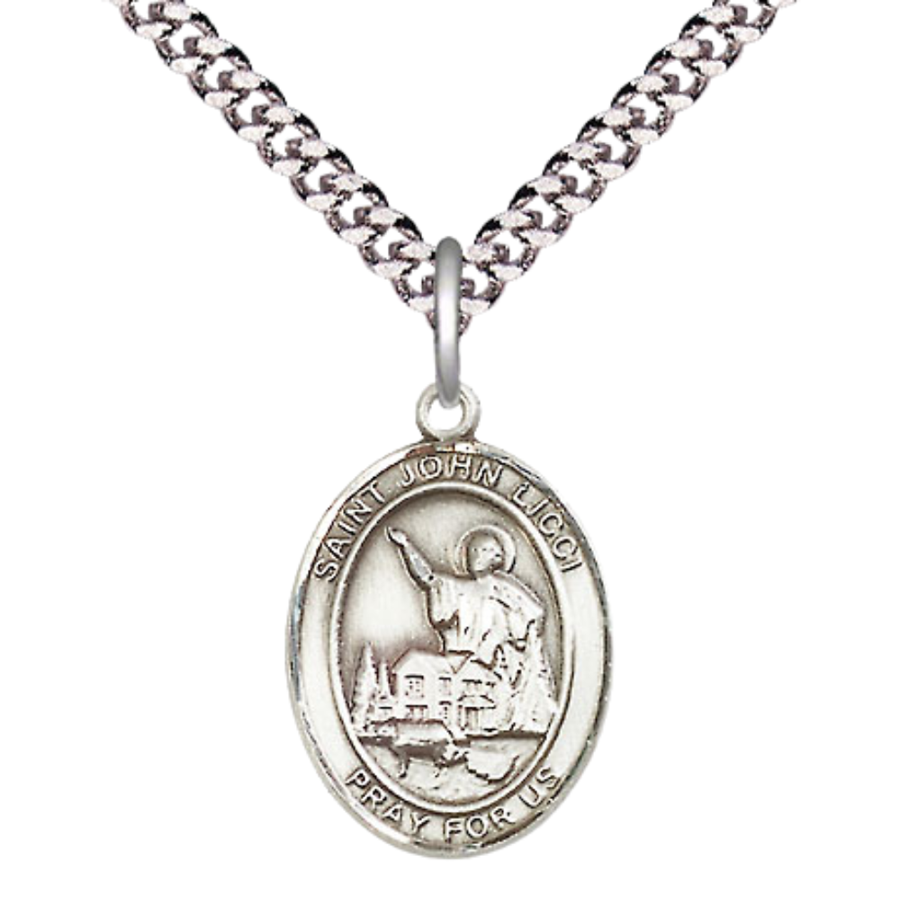 Medium Men's .925 Sterling Silver Saint St. John Licci Medal Pendant on 24 Inch Endless Rhodium Plated Heavy Curb Brass Chain, Catholic Religious Necklace - Made in USA- Deluxe Velvet Gift Box