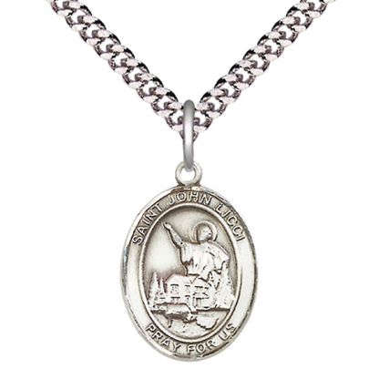 Medium Men's .925 Sterling Silver Saint St. John Licci Medal Pendant on 24 Inch Endless Rhodium Plated Heavy Curb Brass Chain, Catholic Religious Necklace - Made in USA- Deluxe Velvet Gift Box