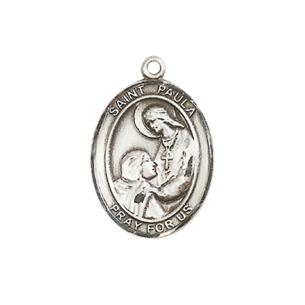 Everlasting Light Jewelry Medium Women's Pewter Saint St. Paula Pendant Necklace on 18- inch Rhodium- Plated Lite Curb Brass Chain – Catholic Religious Medal – Patron Saint St. of Widows – Velvet Gift Box Included
