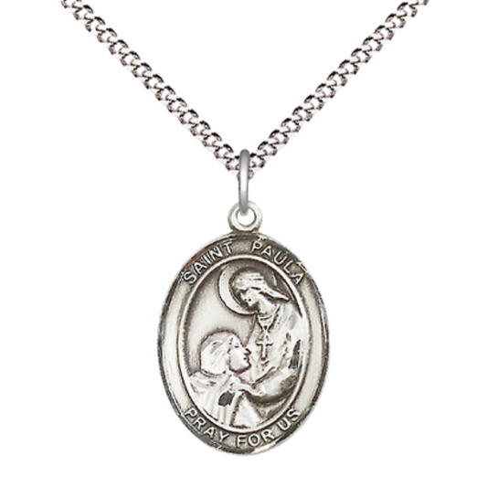Everlasting Light Jewelry Medium Women's Pewter Saint St. Paula Pendant Necklace on 18- inch Rhodium- Plated Lite Curb Brass Chain – Catholic Religious Medal – Patron Saint St. of Widows – Velvet Gift Box Included