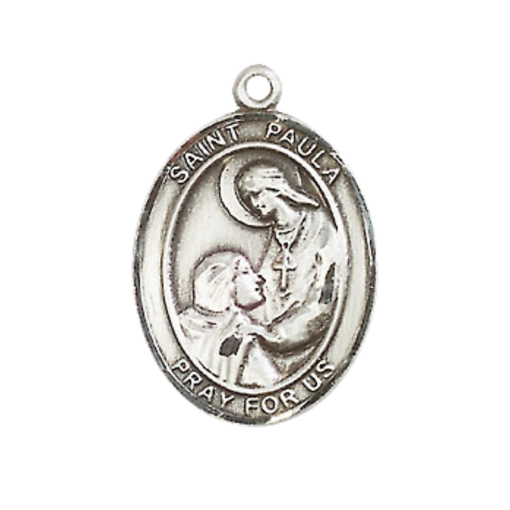 Everlasting Light Jewelry Medium Men's Pewter Saint St. Paula Medal Pendant on 24 Inch Endless Rhodium Plated Heavy Curb Brass Chain, Catholic Religious Necklace - Made in USA- Deluxe Velvet Gift Box