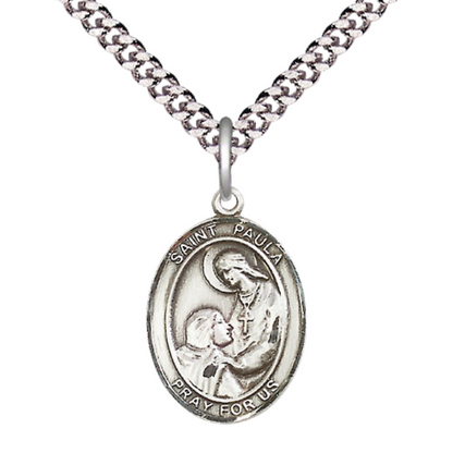 Medium Men's .925 Sterling Silver Saint St.Paula Medal Pendant on 24 Inch Endless Rhodium Plated Heavy Curb Brass Chain, Catholic Religious Necklace -Made in USA- Deluxe Velvet Gift Box