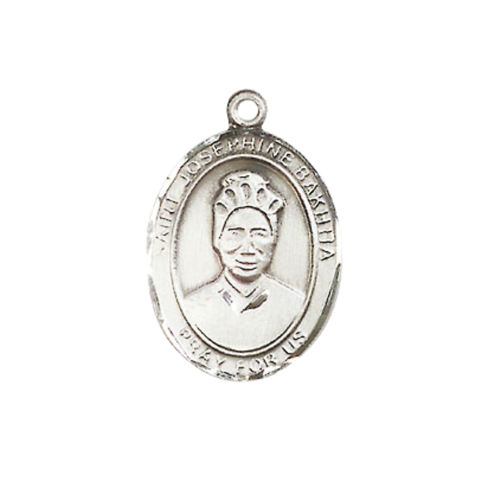 Pewter Saint St. Josephine Bakhita Medal Pendant on 18 Inch Rhodium Plated Lite Curb Brass Chain with Lobster Claw Clasp, Catholic Religious Necklace - Made in USA- Prayer Card Included