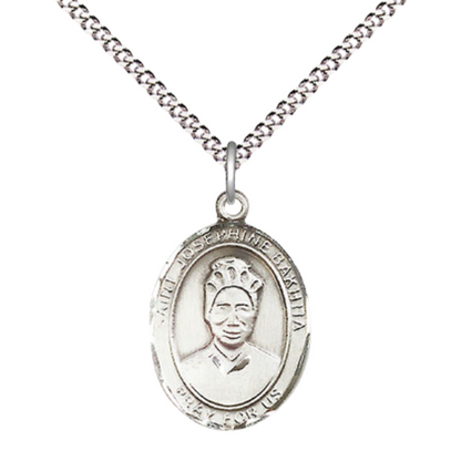 .925 Sterling Silver Saint St. Josephine Bakhita Medal Pendant on 18 Inch Rhodium Plated Lite Curb Brass Chain w/ Lobster Claw Clasp, Catholic Religious Necklace - Made in USA- Prayer Card Included