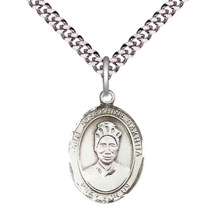 Mens Medium Oval Pewter Saint St. Josephine Bakhita Medal Pendant on 24 Inch Rhodium Plated Heavy Curb Brass Chain w/ Lobster Claw Clasp, Catholic Religious Necklace - Made in USA- Velvet Gift Box