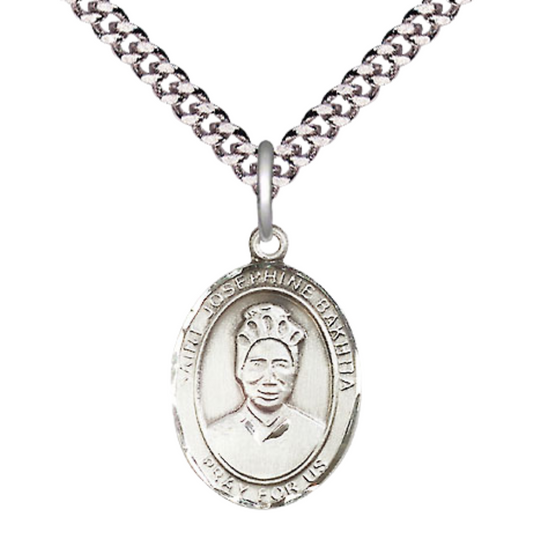 Medium Mens Oval .925 Sterling Silver Saint St. Josephine Bakhita Medal Pendant on 24 Inch Rhodium Plated Heavy Curb Brass Chain w/ Lobster Claw Clasp, Catholic Religious Necklace - Made in USA- Velvet Gift Box