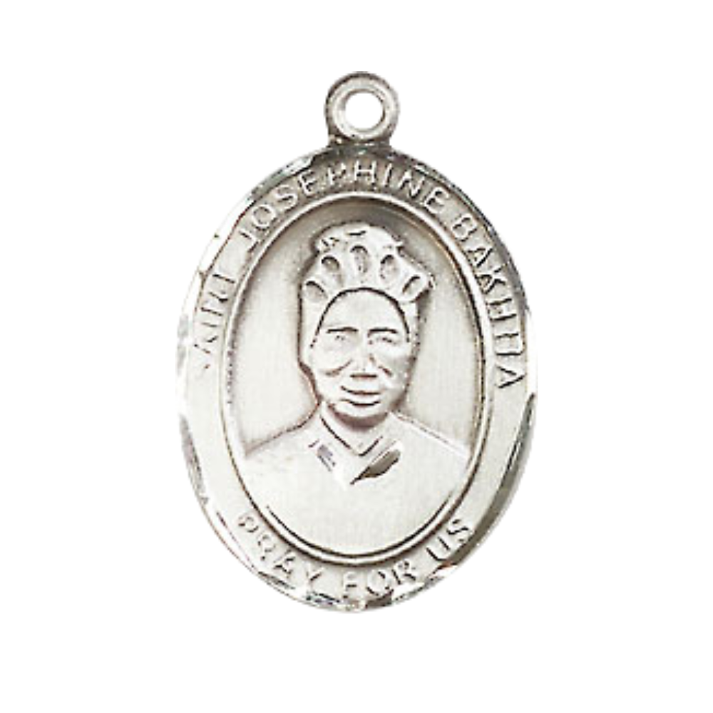 Medium Men's Pewter Saint St. Josephine Bakhita Medal Pendant on 24 Inch Endless Rhodium Plated Heavy Curb Brass Chain, Catholic Religious Necklace - Made in USA- Deluxe Velvet Gift Box
