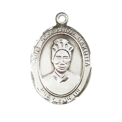 Mens Medium Oval Pewter Saint St. Josephine Bakhita Medal Pendant on 24 Inch Rhodium Plated Heavy Curb Brass Chain w/ Lobster Claw Clasp, Catholic Religious Necklace - Made in USA- Velvet Gift Box