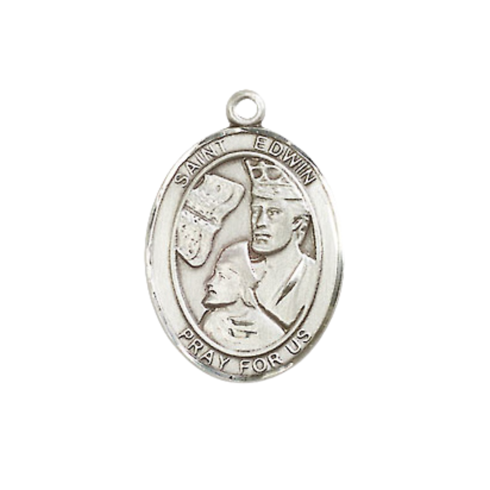 Everlasting Light Jewelry Medium Women's .925 Sterling Silver Saint St. Edwin Pendant Necklace on 18- inch Rhodium- Plated Lite Curb Brass Chain, Catholic Medal – Velvet Gift Box Included