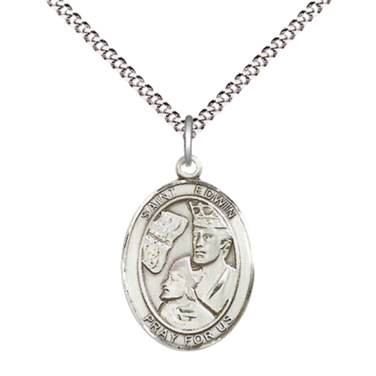 Everlasting Light Jewelry Medium Women's .925 Sterling Silver Saint St. Edwin Pendant Necklace on 18- inch Rhodium- Plated Lite Curb Brass Chain, Catholic Medal – Velvet Gift Box Included