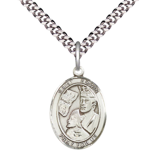 Medium Men's .925 Sterling Silver Saint St. Edwin Medal Pendant on 24 Inch Endless Rhodium Plated Heavy Curb Brass Chain, Catholic Religious Necklace - Made in USA- Deluxe Velvet Gift Box