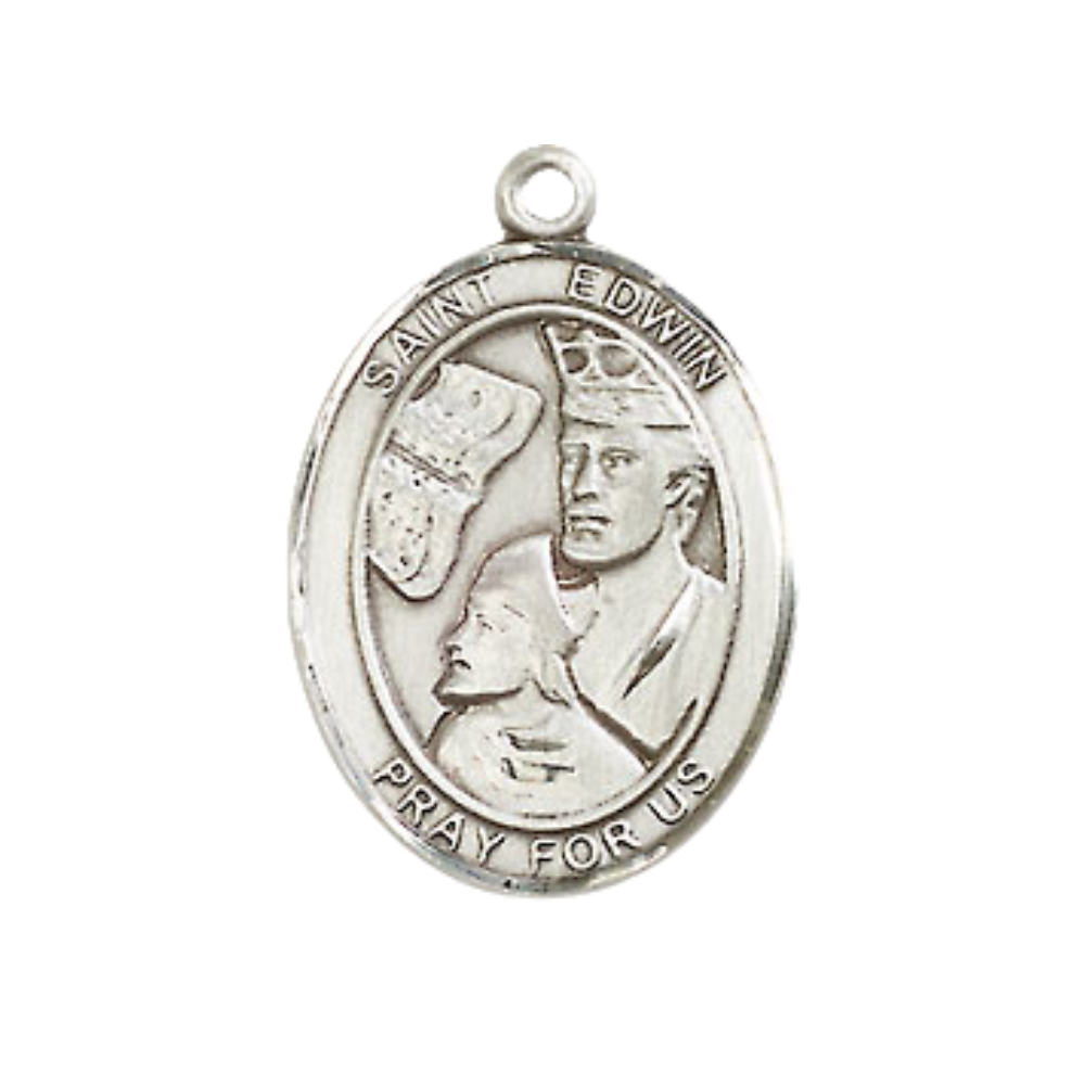 Medium Men's .925 Sterling Silver Saint St. Edwin Medal Pendant on 24 Inch Endless Rhodium Plated Heavy Curb Brass Chain, Catholic Religious Necklace - Made in USA- Deluxe Velvet Gift Box